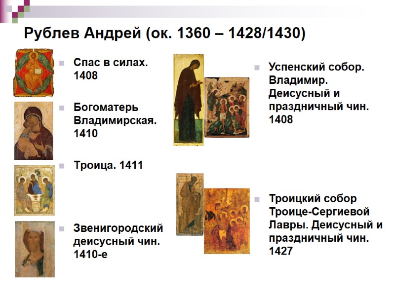 Рублев Андрей (ок. 1360 – 1428/1430) Спас в силах. 1408 Богоматерь Владимирская. Рублев Андрей (ок. 1360 – 1428/1430) Спас в силах. 1408 Богоматерь Владимирская.
